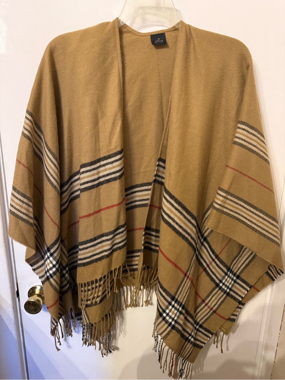 Classic Camel Plaid Fringe Poncho Sweater
